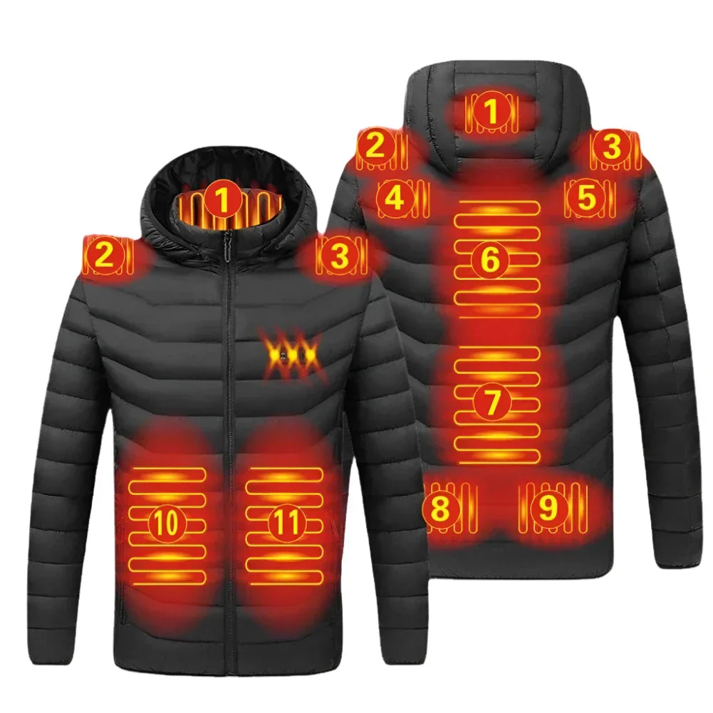 Infographic van een verwarmde jas met genummerde verwarmingszones voor extra warmte, die de voorkant en achterkant van de jas toont met gemarkeerde gebieden voor warmteverdeling.