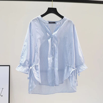 Koreaanse Gestreepte Blouse met V-Hals