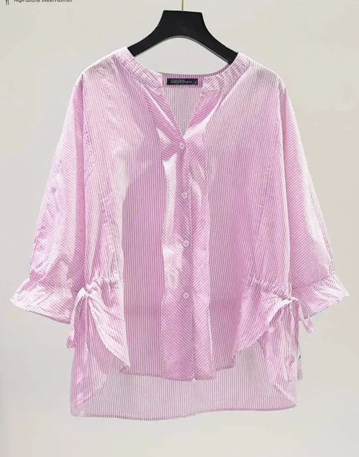 Koreaanse Gestreepte Blouse met V-Hals