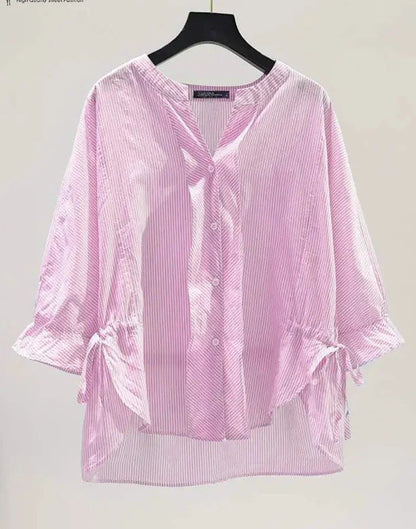 Koreaanse Gestreepte Blouse met V-Hals