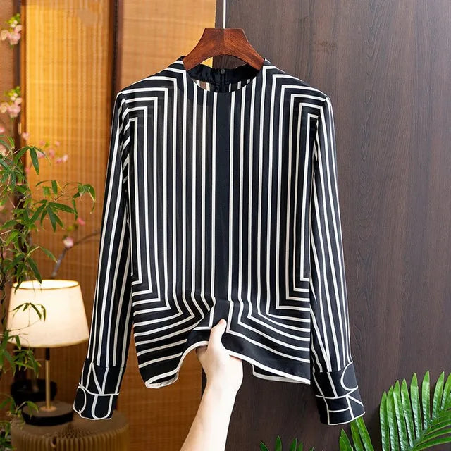 Zijden Streep Damesblouse - Zomer Geometrische Print Lang Shirt