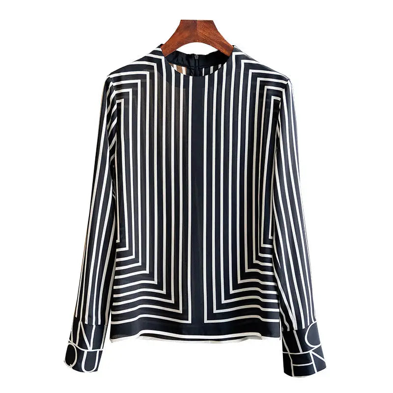 Zijden Streep Damesblouse - Zomer Geometrische Print Lang Shirt