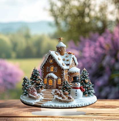Een charmant peperkoekhuisje versierd met wit glazuur en kleine details, omringd door miniatuurboompjes en een sneeuwpop. Het huis gloeit van binnen, met een zacht licht dat de scène verlicht, tegen een levendige achtergrond van groen en bloemen.