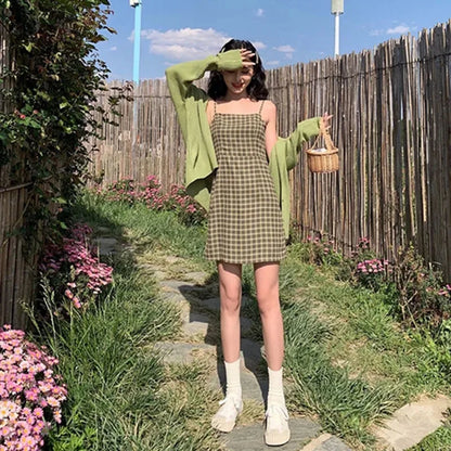 Zoki's Avocado Groene Vintage Ruit Jurk - Zomerse Elegante Klasse