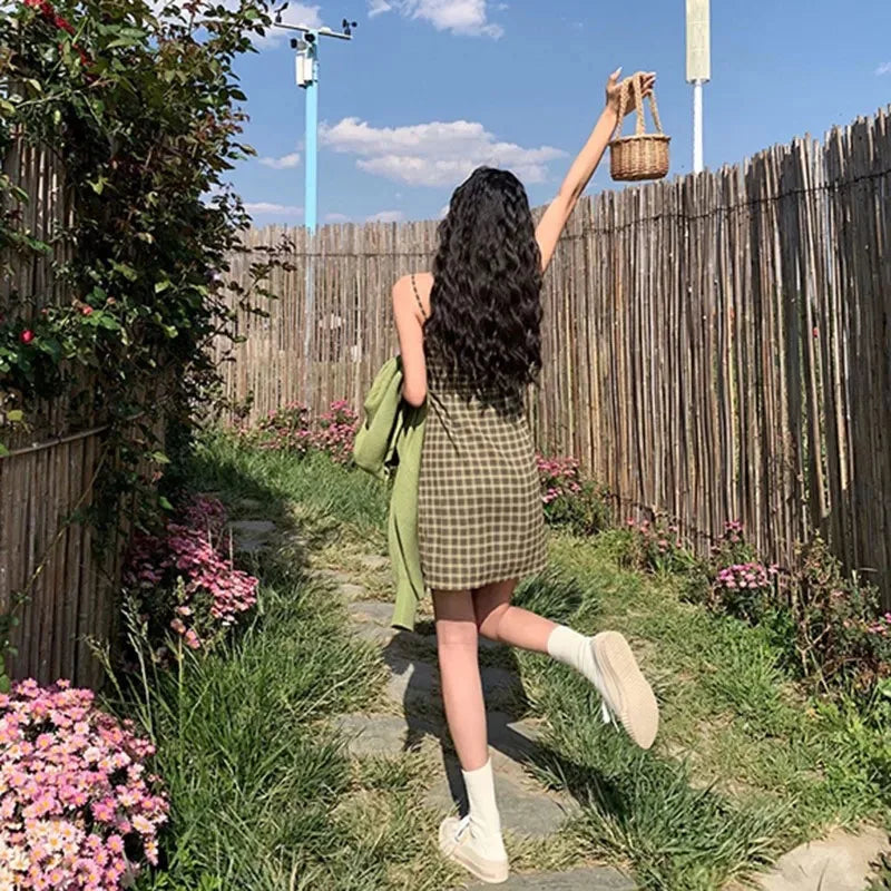 Zoki's Avocado Groene Vintage Ruit Jurk - Zomerse Elegante Klasse