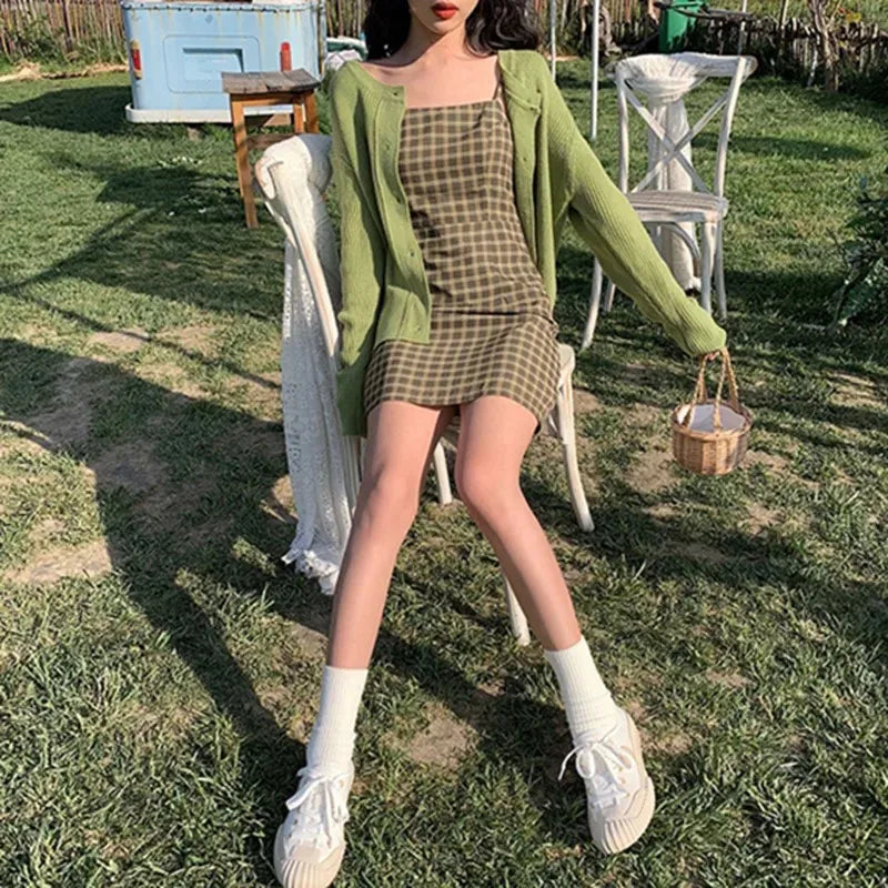 Zoki's Avocado Groene Vintage Ruit Jurk - Zomerse Elegante Klasse