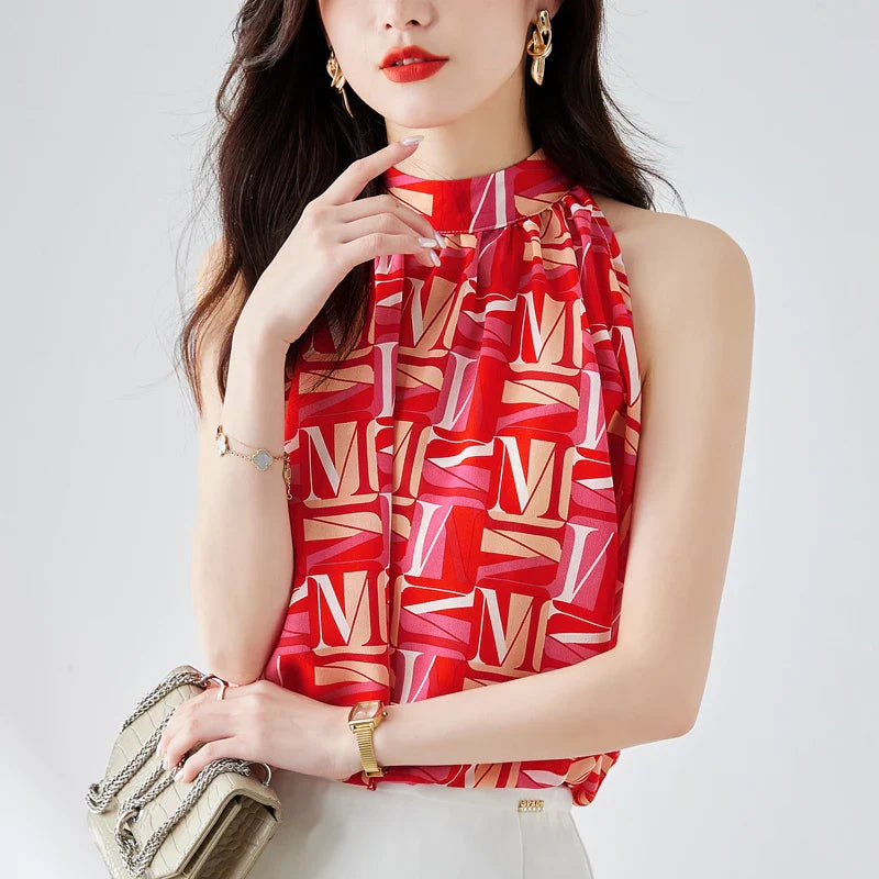 LunaMode Elegante Chiffon Mouwloze Blouse met Letterprint en V-hals
