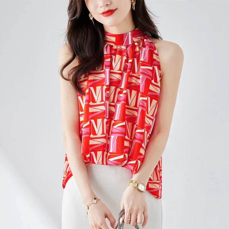 LunaMode Elegante Chiffon Mouwloze Blouse met Letterprint en V-hals