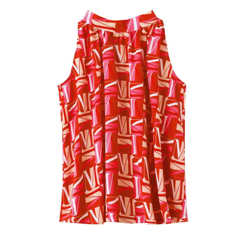 LunaMode Elegante Chiffon Mouwloze Blouse met Letterprint en V-hals