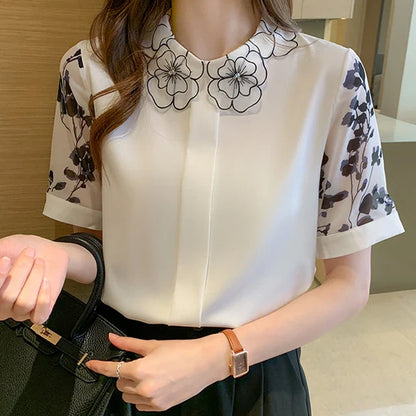 Zomerblouse met Korte Mouwen - Modieuze Print Chiffon Blouse - Stijlvolle Dames Top