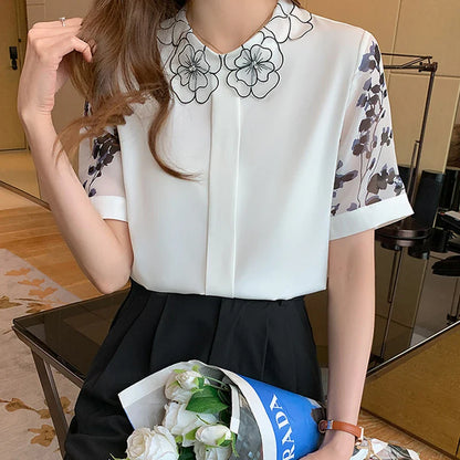 Zomerblouse met Korte Mouwen - Modieuze Print Chiffon Blouse - Stijlvolle Dames Top