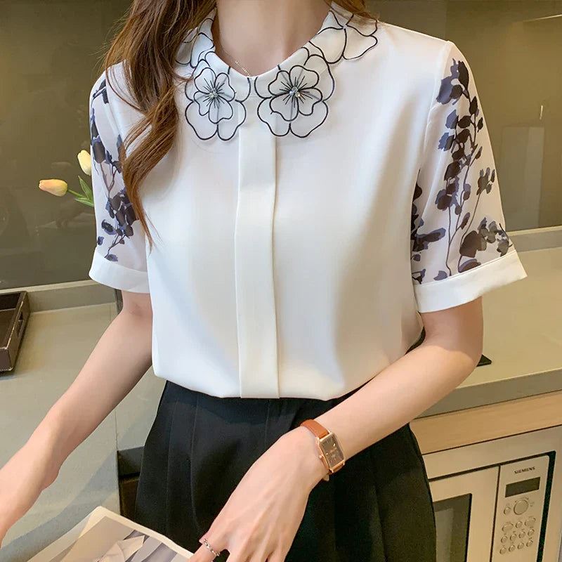 Zomerblouse met Korte Mouwen - Modieuze Print Chiffon Blouse - Stijlvolle Dames Top