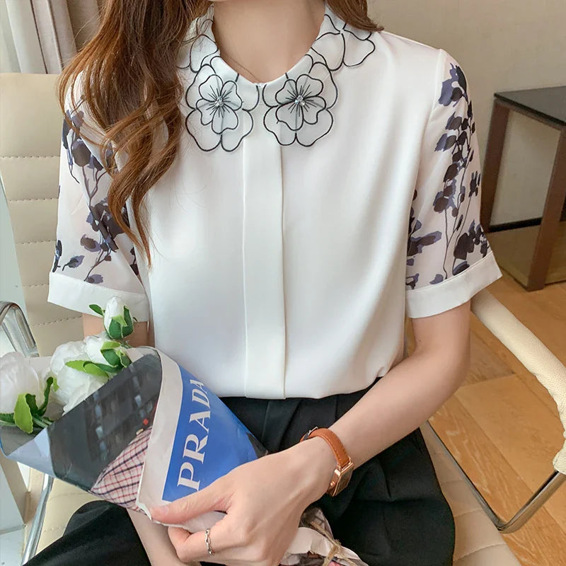 Zomerblouse met Korte Mouwen - Modieuze Print Chiffon Blouse - Stijlvolle Dames Top