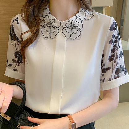 Zomerblouse met Korte Mouwen - Modieuze Print Chiffon Blouse - Stijlvolle Dames Top