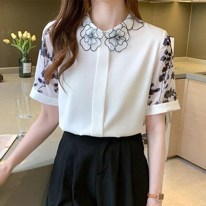 Zomerblouse met Korte Mouwen - Modieuze Print Chiffon Blouse - Stijlvolle Dames Top
