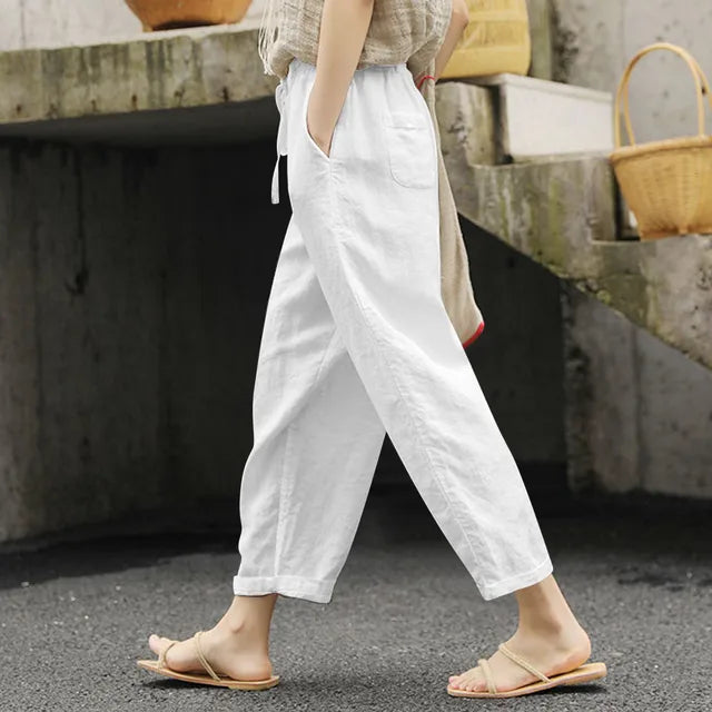 Zomerse Casual Dunne Broek Dames Katoen Linnen Effen Kleur Zakken Trekkoord Broek
