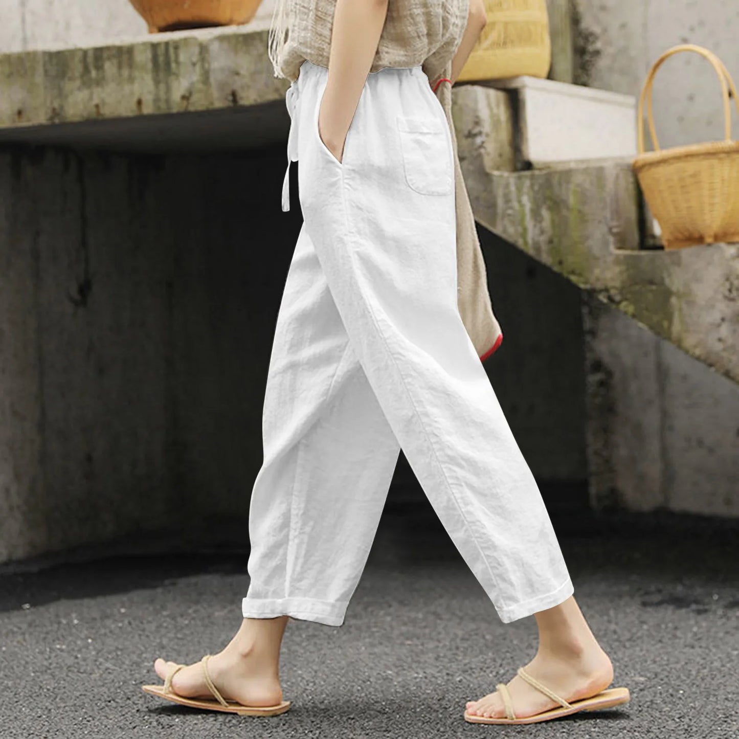 Zomerse Casual Dunne Broek Dames Katoen Linnen Effen Kleur Zakken Trekkoord Broek