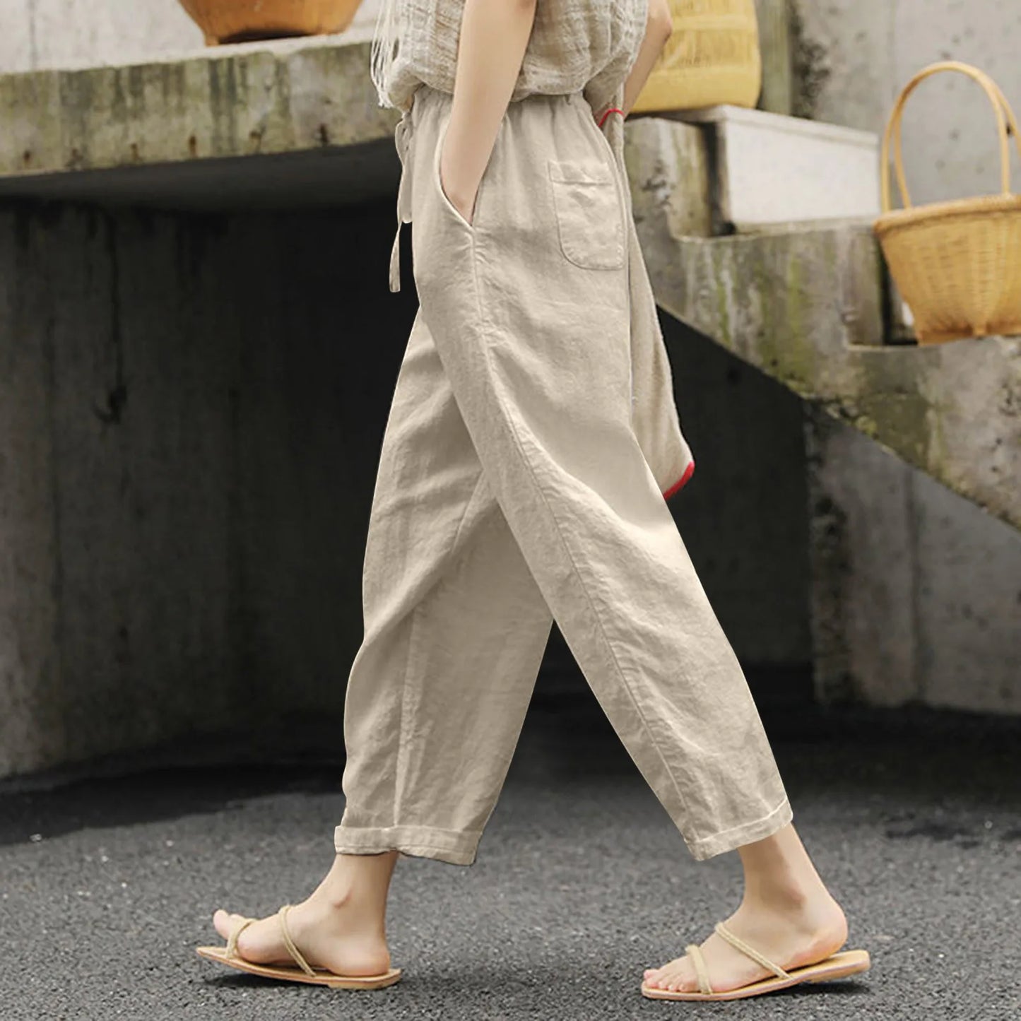 Zomerse Casual Dunne Broek Dames Katoen Linnen Effen Kleur Zakken Trekkoord Broek