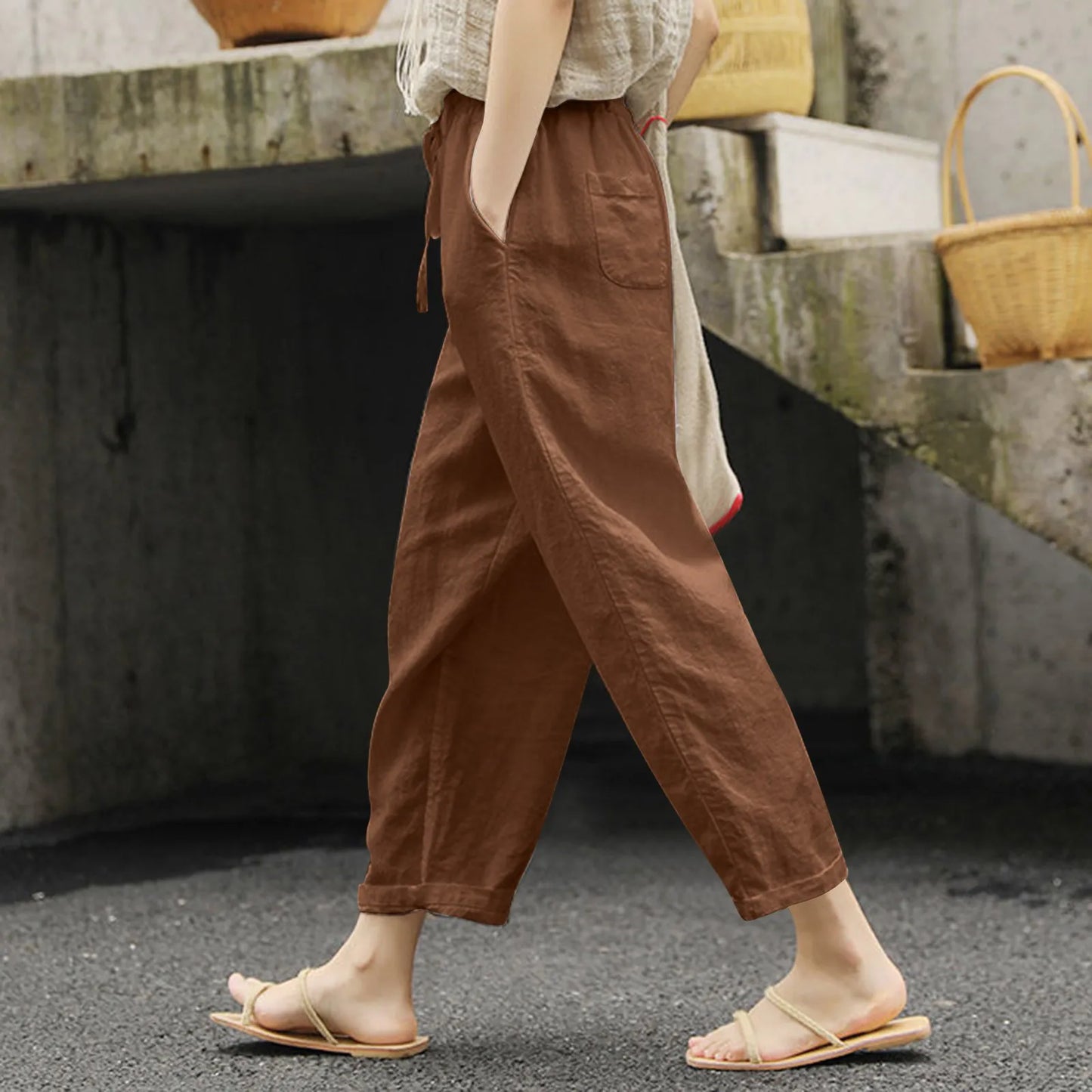 Zomerse Casual Dunne Broek Dames Katoen Linnen Effen Kleur Zakken Trekkoord Broek