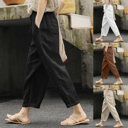 Zomerse Casual Dunne Broek Dames Katoen Linnen Effen Kleur Zakken Trekkoord Broek