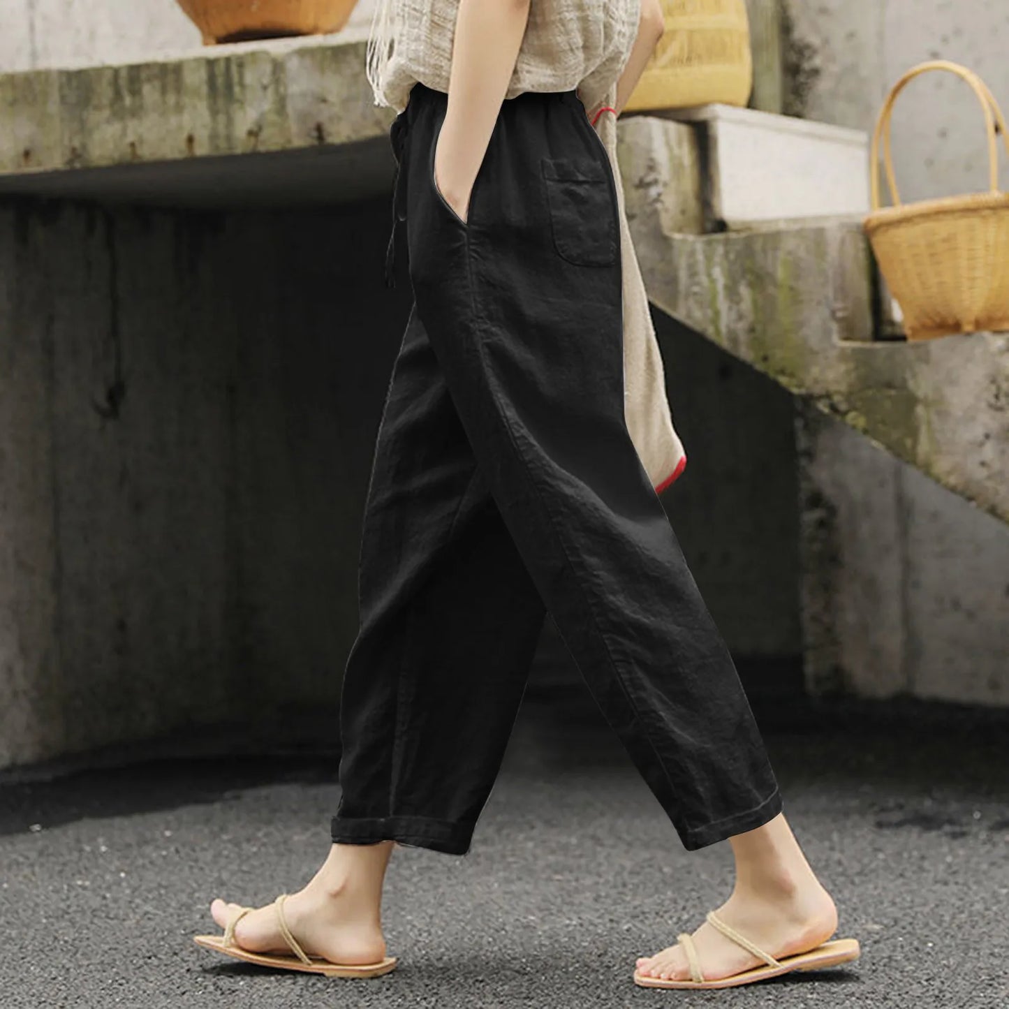 Zomerse Casual Dunne Broek Dames Katoen Linnen Effen Kleur Zakken Trekkoord Broek