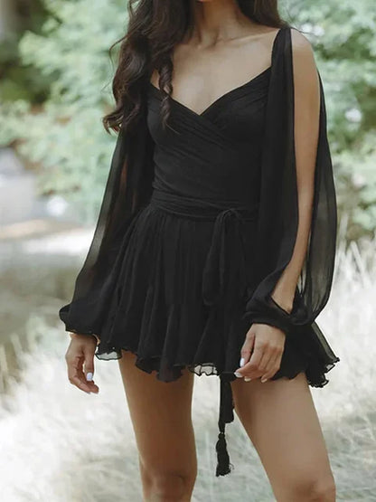 Zomerse Pleated V-hals Mini Jurk van Chique Damesmode