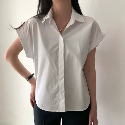 Zomerblouse met Effen Kleur en Revers van LuxeMode