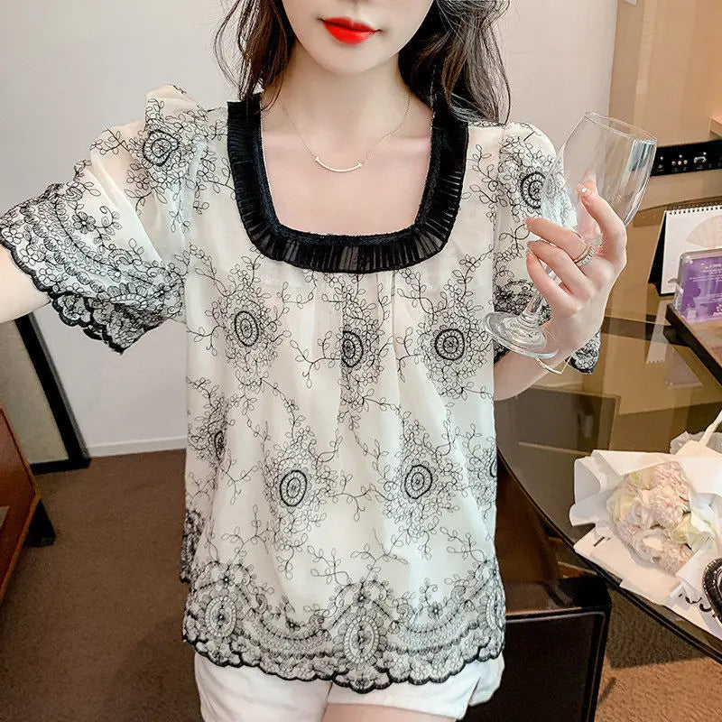 Zomerse Mode Vierkante Kraag Patchwork Blouse