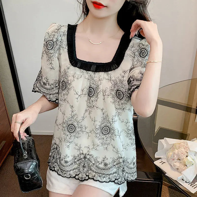 Zomerse Mode Vierkante Kraag Patchwork Blouse