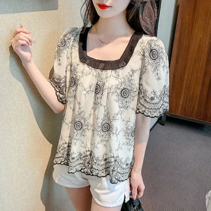 Zomerse Mode Vierkante Kraag Patchwork Blouse