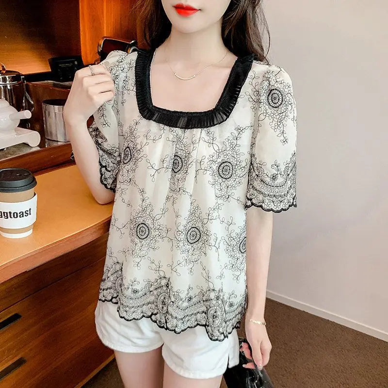 Zomerse Mode Vierkante Kraag Patchwork Blouse