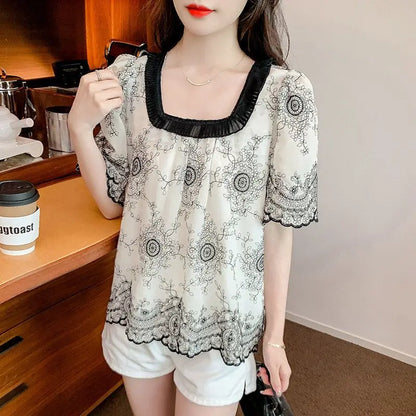 Zomerse Mode Vierkante Kraag Patchwork Blouse