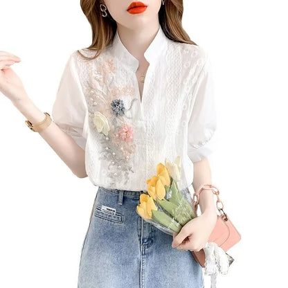 Zomer Witte Geborduurde Blouse met V-Hals