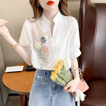 Zomer Witte Geborduurde Blouse met V-Hals