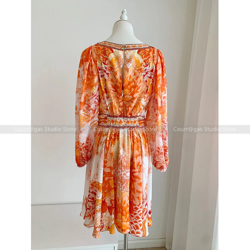 ModeMysterie Diepe V Vakantie Diner Zomerjurk met Oranje Print
