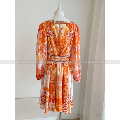 ModeMysterie Diepe V Vakantie Diner Zomerjurk met Oranje Print