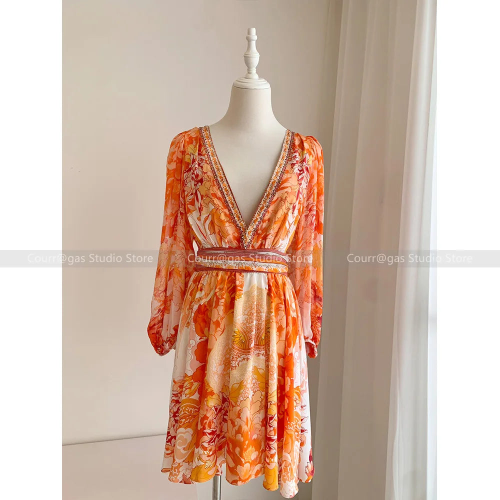 ModeMysterie Diepe V Vakantie Diner Zomerjurk met Oranje Print