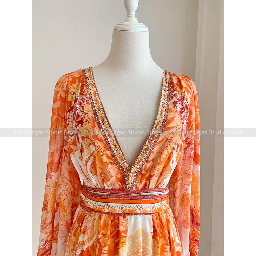 ModeMysterie Diepe V Vakantie Diner Zomerjurk met Oranje Print