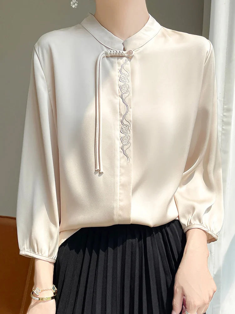Glinsterende Topaz Zomerelegante Zijden Blouse