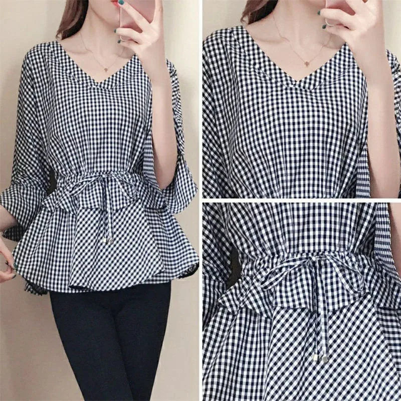 Zomerse Nieuwe V-Hals Geruite Blouse