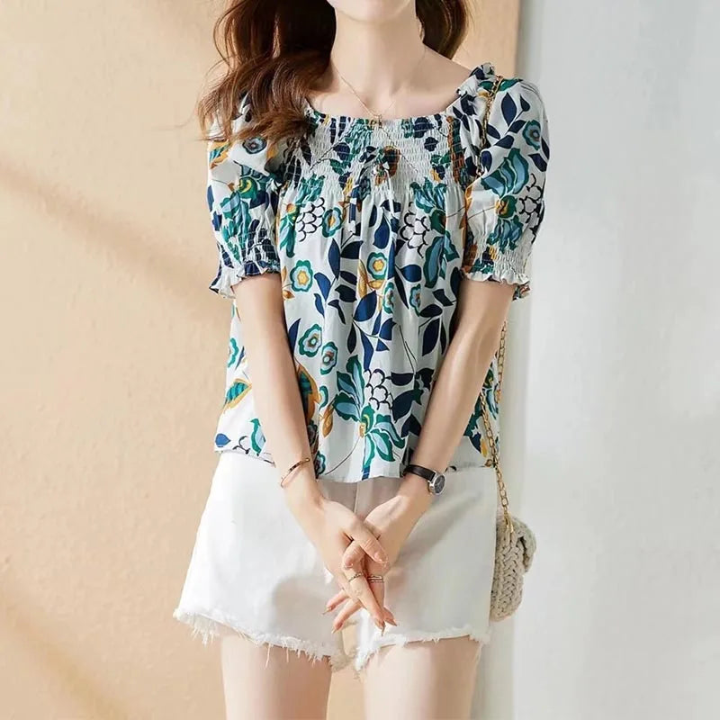 Zomerblouse met Vierkante Halslijn en Koreaanse Pofmouwen