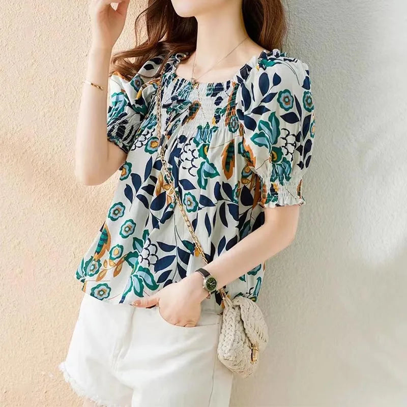 Zomerblouse met Vierkante Halslijn en Koreaanse Pofmouwen