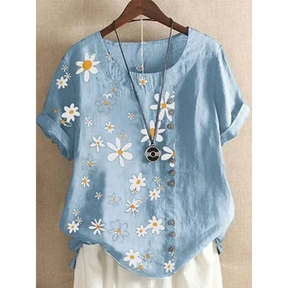 Zomerse Grote Maten Linnen Daisy Print Blouse voor Vrouwen