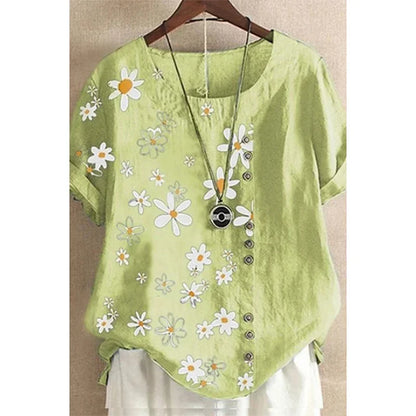 Zomerse Grote Maten Linnen Daisy Print Blouse voor Vrouwen