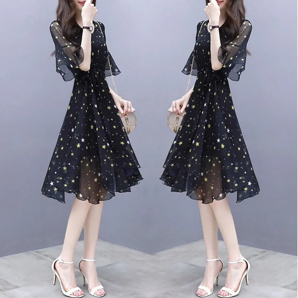 Zomerse Sterren Print Jurk met Flare Mouwen