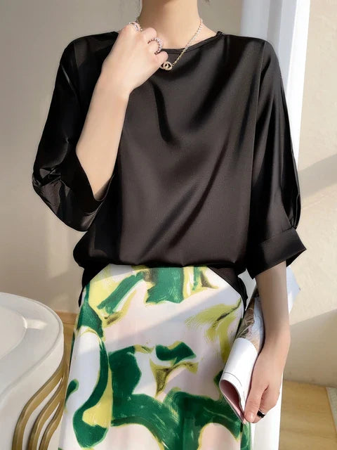 Glanz Zijden Satijnen T-Shirt voor Vrouwen