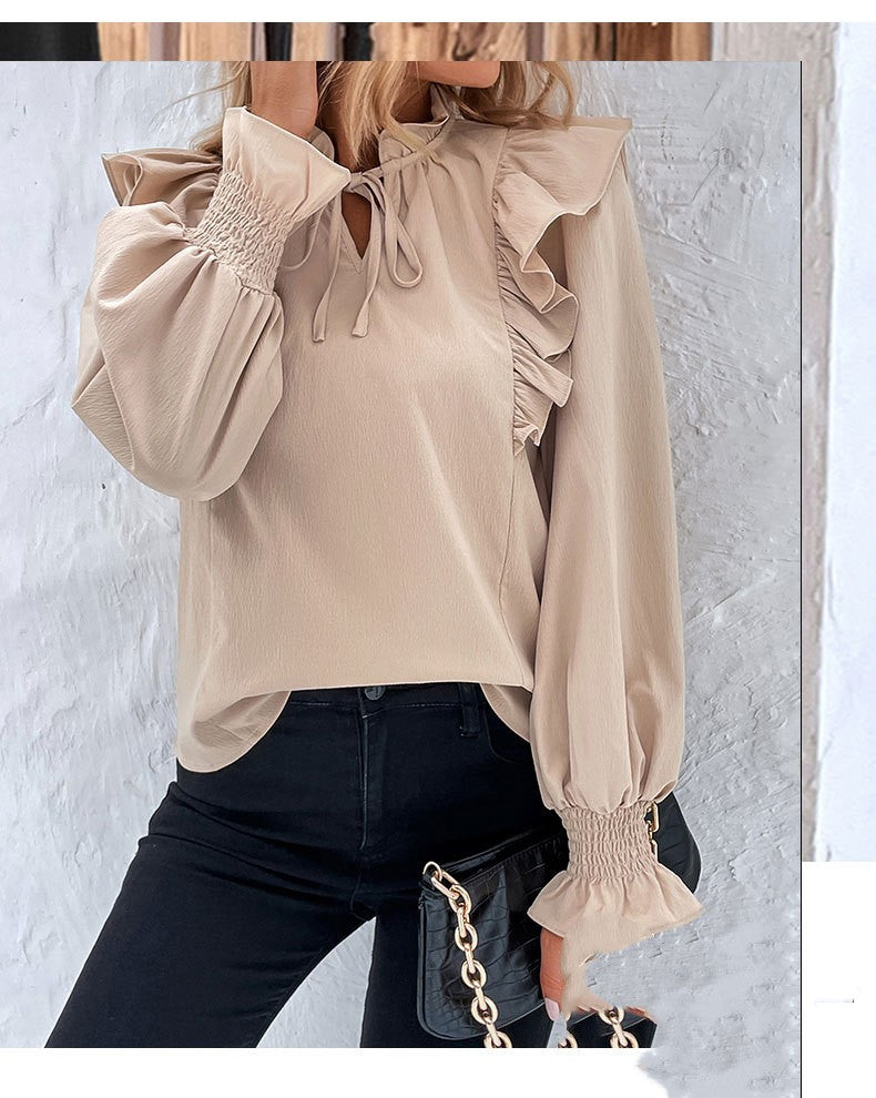 Dames Blouse Beige met Ruches Stijlvol Romantisch