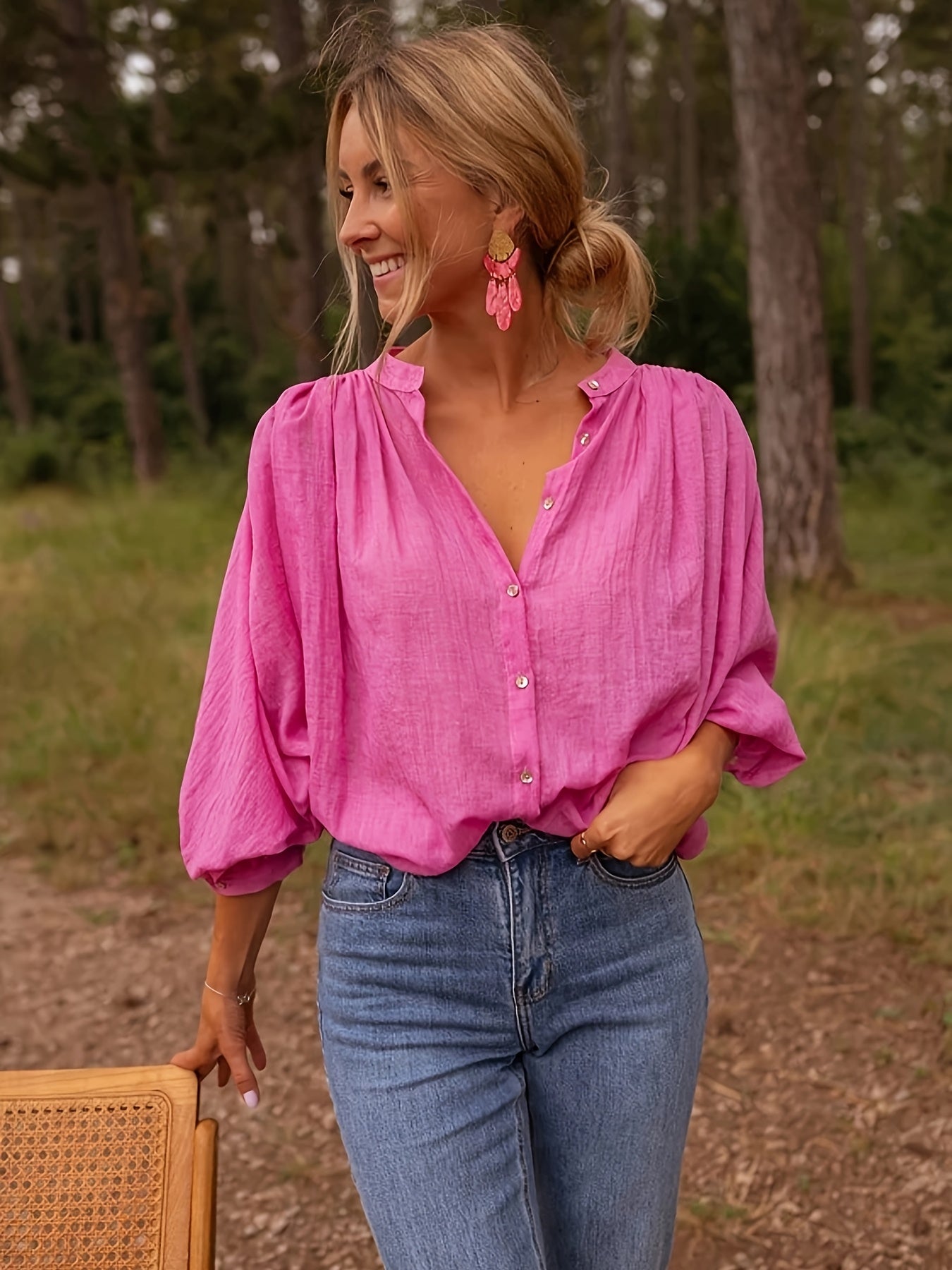 Dames tuniekblouse met v-hals en lange mouwen - Mode Vibes
