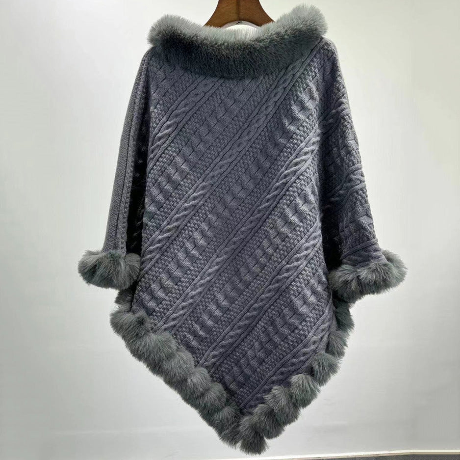 Dames Gebreide Sjaal Cape met Kunstbont Kraag