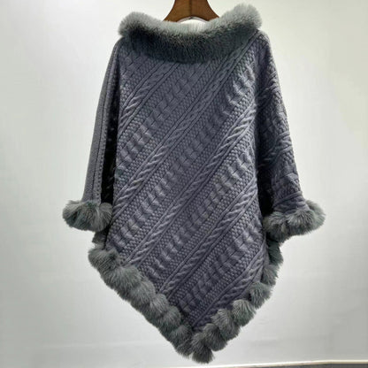 Dames Gebreide Sjaal Cape met Kunstbont Kraag
